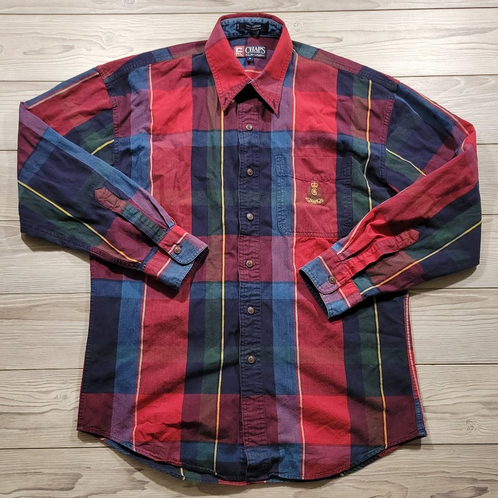 Vintage Chaps Ralph Lauren Shirt Men's Sz M Red Flannel Cotton Long Sleeve Plaid